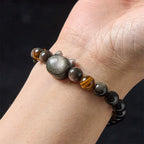 Fortune Jewel Natural Silver Sheen Obsidian Beads Cute Cat Soothing Bracelet