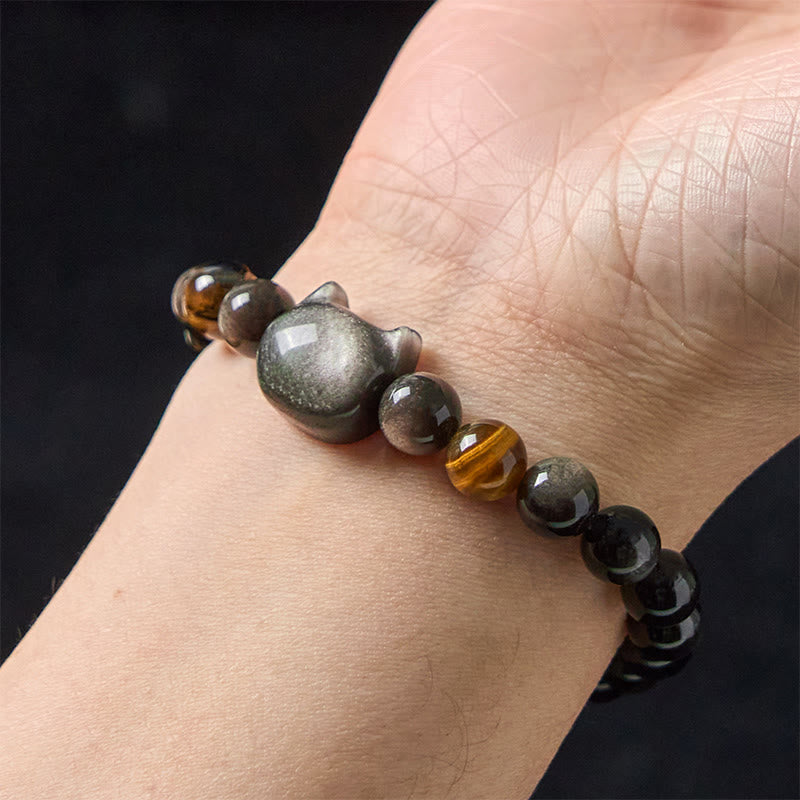 Fortune Jewel Natural Silver Sheen Obsidian Beads Cute Cat Soothing Bracelet