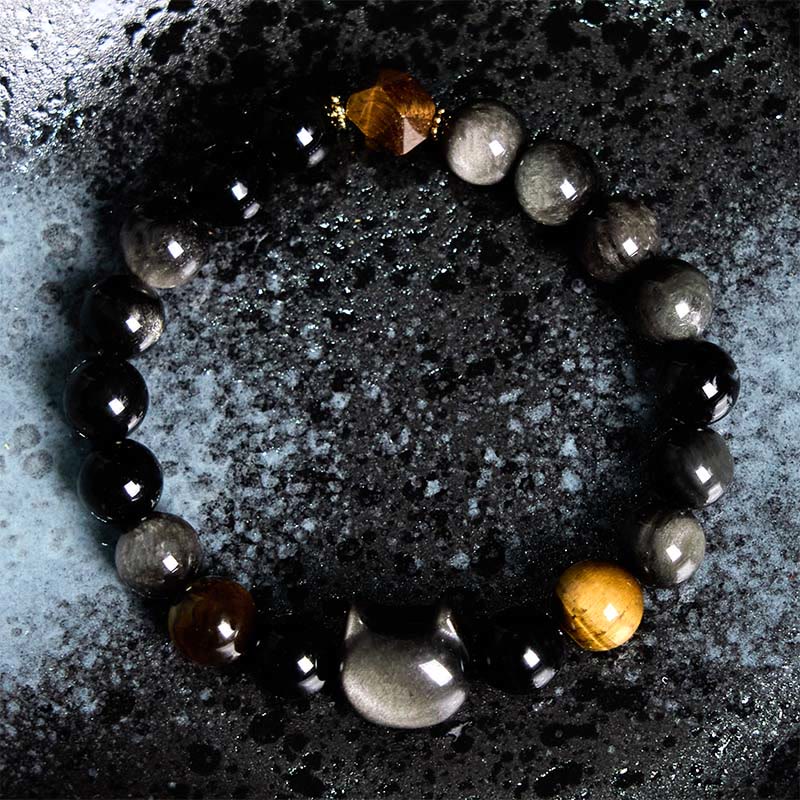 Fortune Jewel Natural Silver Sheen Obsidian Beads Cute Cat Soothing Bracelet