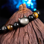 Fortune Jewel Natural Silver Sheen Obsidian Beads Cute Cat Soothing Bracelet