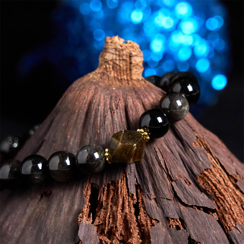 Fortune Jewel Natural Silver Sheen Obsidian Beads Cute Cat Soothing Bracelet