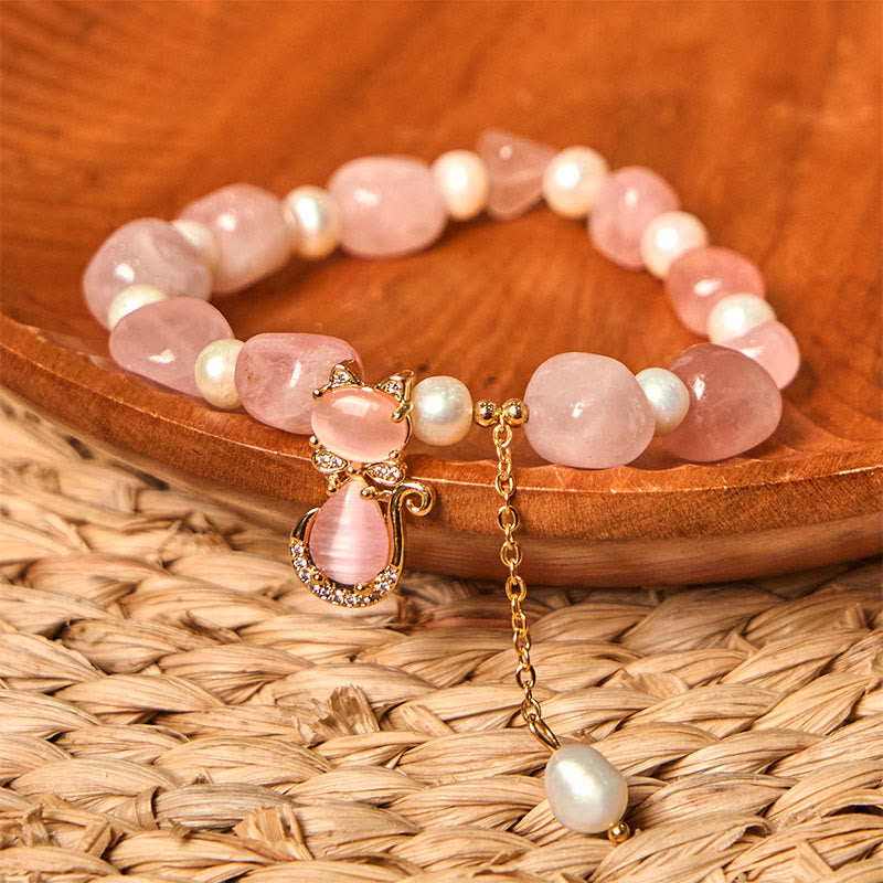 Fortune Jewel Natural Strawberry Quartz Pearl Cat Positive Bracelet