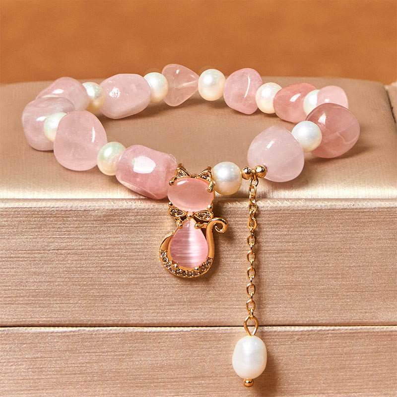 Fortune Jewel Natural Strawberry Quartz Pearl Cat Positive Bracelet