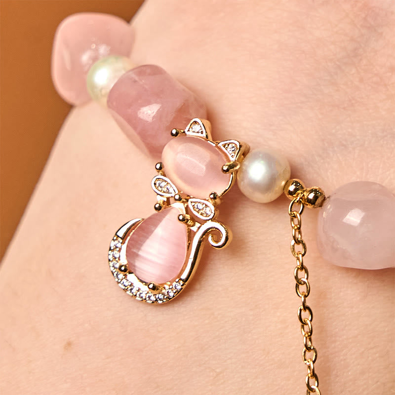 Fortune Jewel Natural Strawberry Quartz Pearl Cat Positive Bracelet
