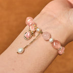 Fortune Jewel Natural Strawberry Quartz Pearl Cat Positive Bracelet