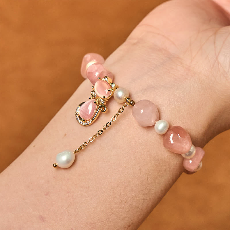 Fortune Jewel Natural Strawberry Quartz Pearl Cat Positive Bracelet