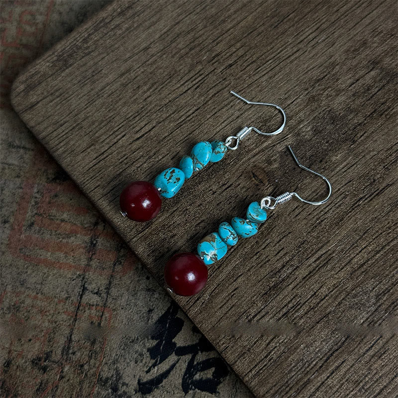 Fortune Jewel Tibetan 925 Sterling Silver Turquoise Cinnabar beads Protection Earrings