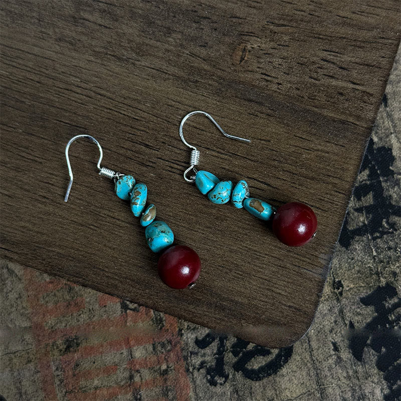 Fortune Jewel Tibetan 925 Sterling Silver Turquoise Cinnabar beads Protection Earrings