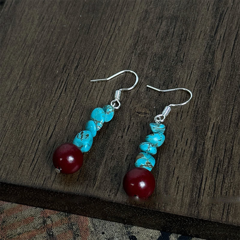 Fortune Jewel Tibetan 925 Sterling Silver Turquoise Cinnabar beads Protection Earrings