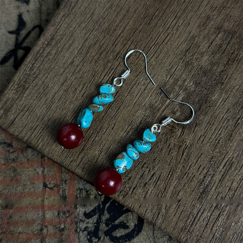 Fortune Jewel Tibetan 925 Sterling Silver Turquoise Cinnabar beads Protection Earrings