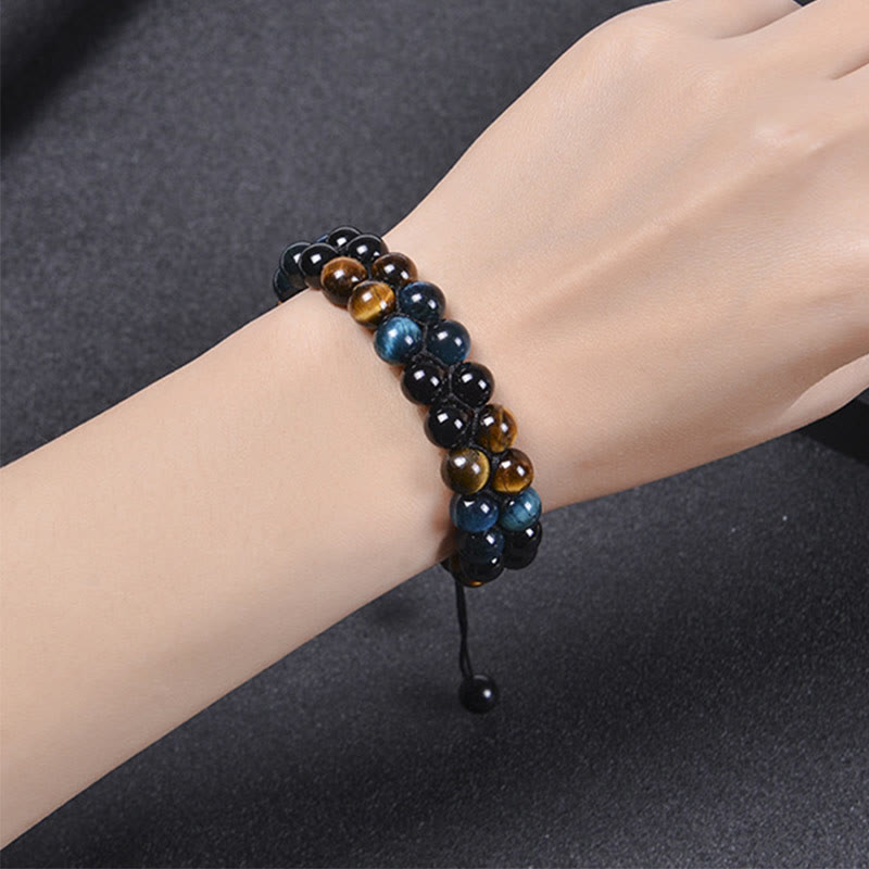 Fortune Jewel Natural Blue Tiger Eye Black Magnetite Om Pattern Double Row Beads Strength Bracelet
