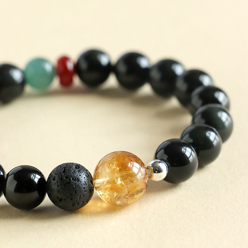 Fortune Jewel Natural Black Obsidian Beads Strength Fulfillment Bracelet