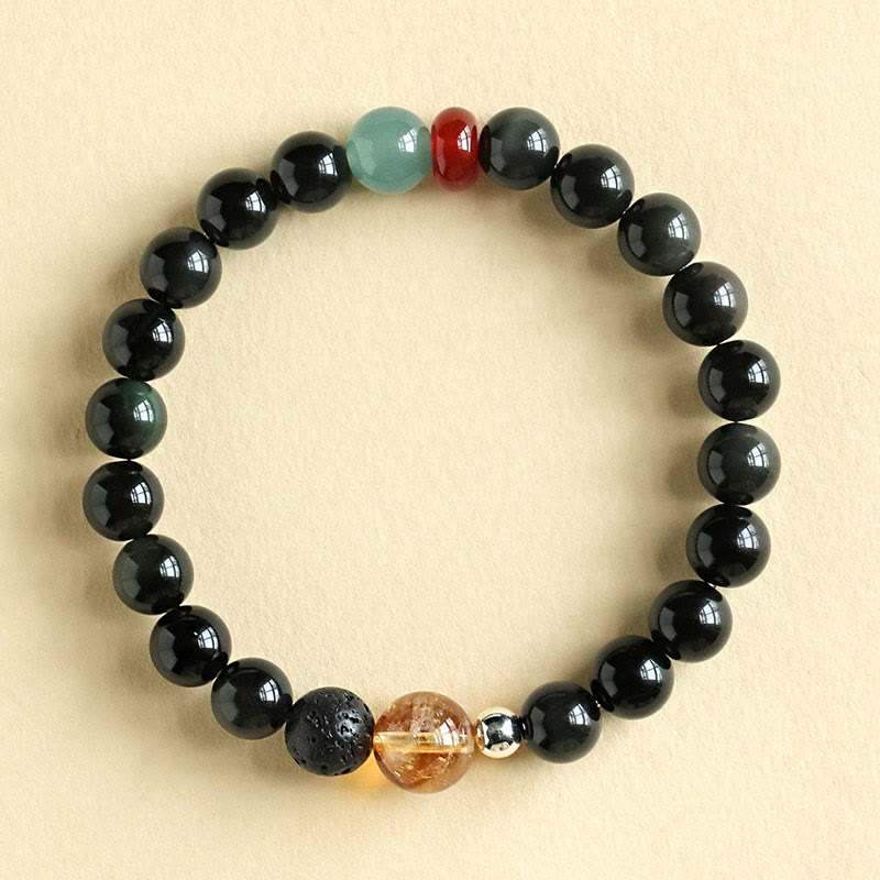 Fortune Jewel Natural Black Obsidian Beads Strength Fulfillment Bracelet