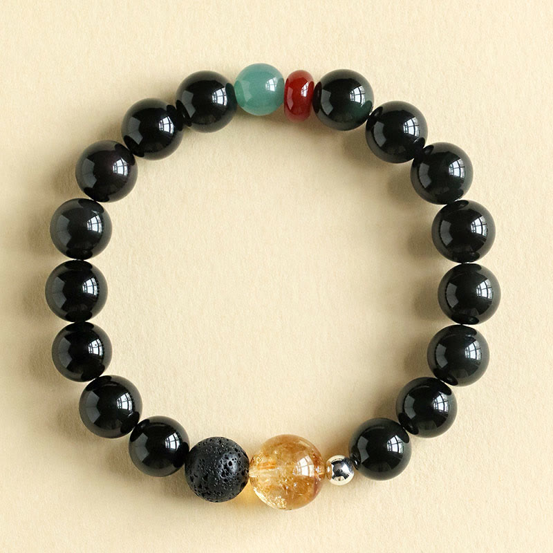 Fortune Jewel Natural Black Obsidian Beads Strength Fulfillment Bracelet