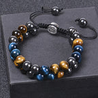 Fortune Jewel Natural Blue Tiger Eye Black Magnetite Om Pattern Double Row Beads Strength Bracelet