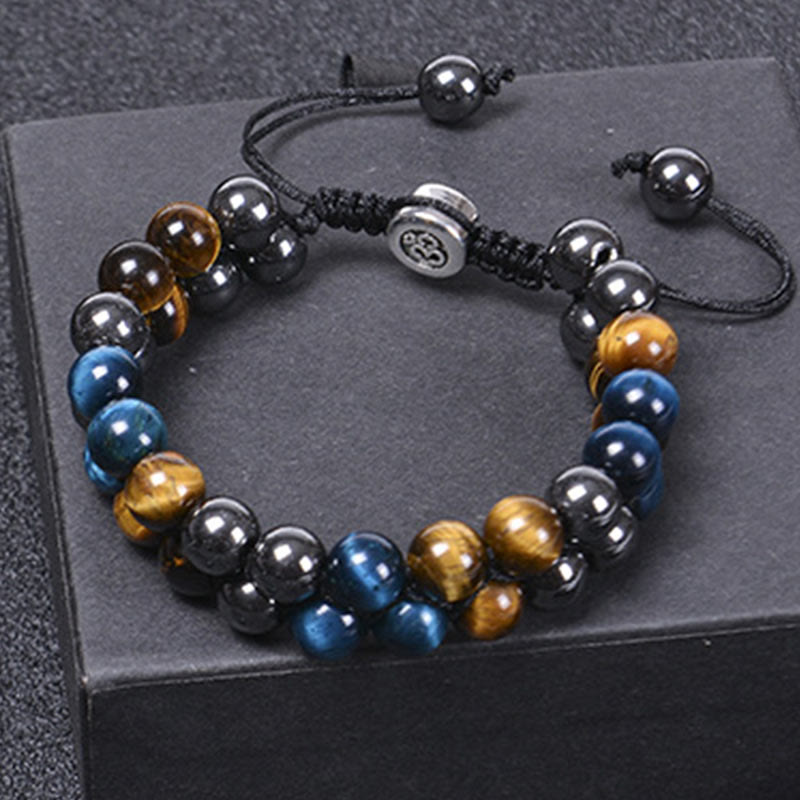 Fortune Jewel Natural Blue Tiger Eye Black Magnetite Om Pattern Double Row Beads Strength Bracelet