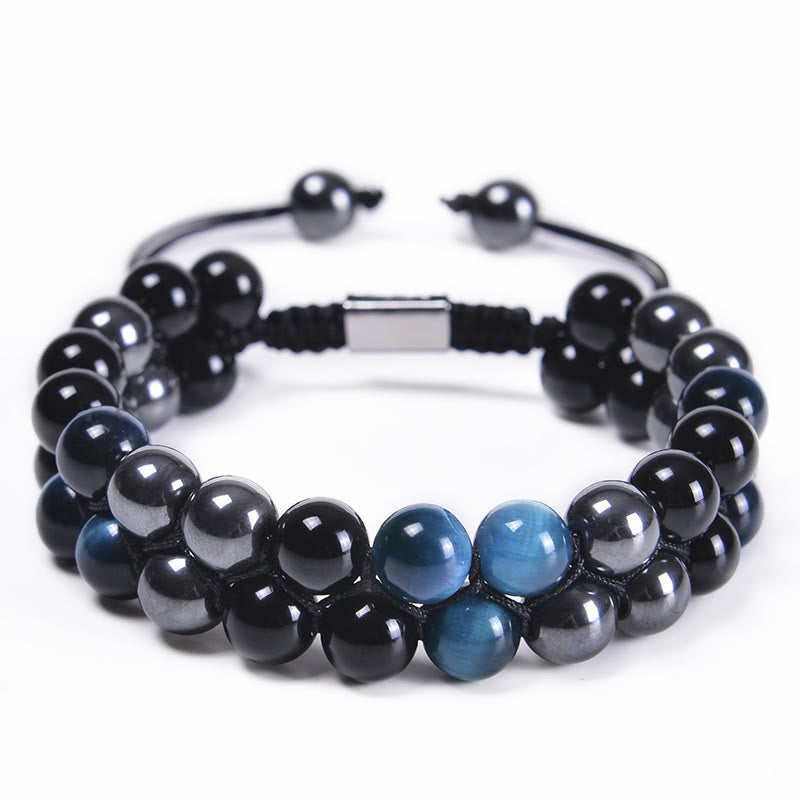 Fortune Jewel Natural Blue Tiger Eye Black Magnetite Black Obsidian Double Row Beads Protection Bracelet