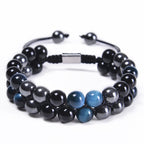 Fortune Jewel Natural Blue Tiger Eye Black Magnetite Black Obsidian Double Row Beads Protection Bracelet