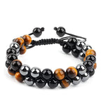 Fortune Jewel Natural Tiger Eye Black Magnetite Black Onyx Double Row Beads Protection Bracelet