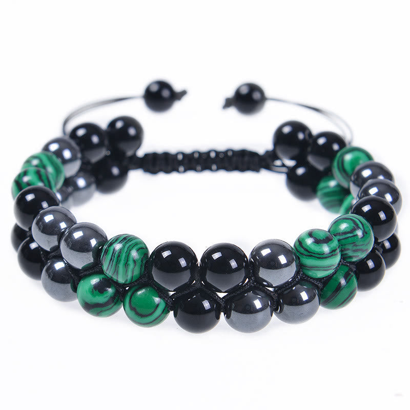 Fortune Jewel Natural Malachite Black Magnetite Black Obsidian Double Row Beads Anti-Anxiety Bracelet