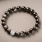 Fortune Jewel Natural Silver Sheen Obsidian Om Mani Padme Hum Protection Bracelet