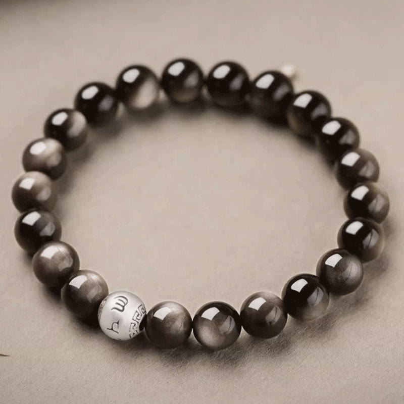 Fortune Jewel Natural Silver Sheen Obsidian Om Mani Padme Hum Protection Bracelet