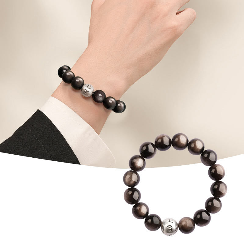 Fortune Jewel Natural Silver Sheen Obsidian Om Mani Padme Hum Protection Bracelet