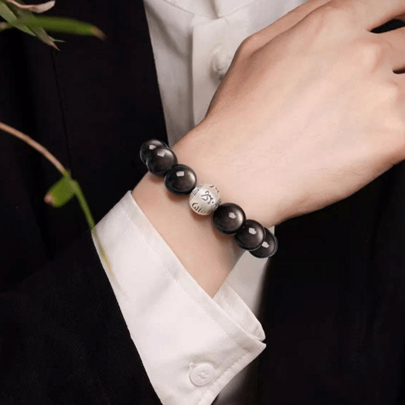 Fortune Jewel Natural Silver Sheen Obsidian Om Mani Padme Hum Protection Bracelet