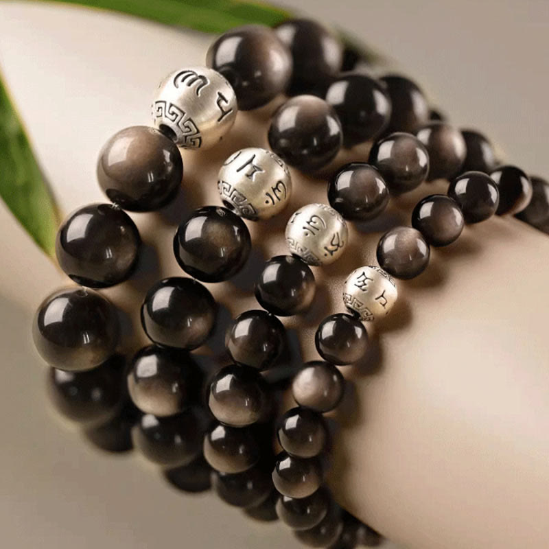 Fortune Jewel Natural Silver Sheen Obsidian Om Mani Padme Hum Protection Bracelet