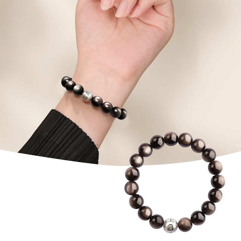 Fortune Jewel Natural Silver Sheen Obsidian Om Mani Padme Hum Protection Bracelet