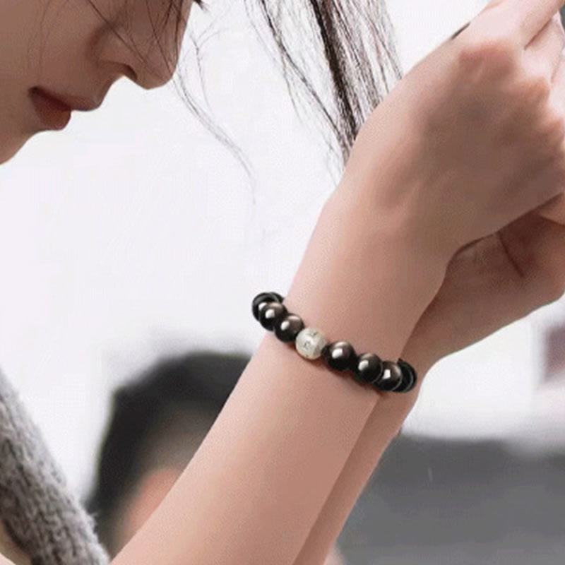 Fortune Jewel Natural Silver Sheen Obsidian Om Mani Padme Hum Protection Bracelet