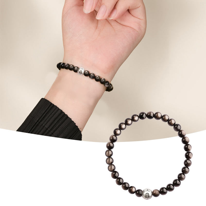 Fortune Jewel Natural Silver Sheen Obsidian Om Mani Padme Hum Protection Bracelet