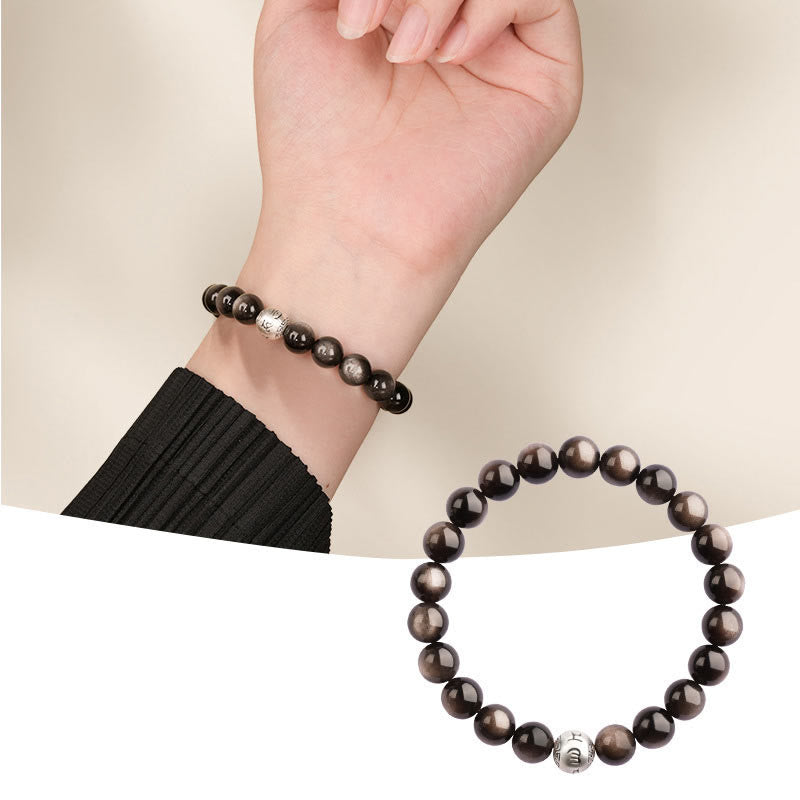 Fortune Jewel Natural Silver Sheen Obsidian Om Mani Padme Hum Protection Bracelet