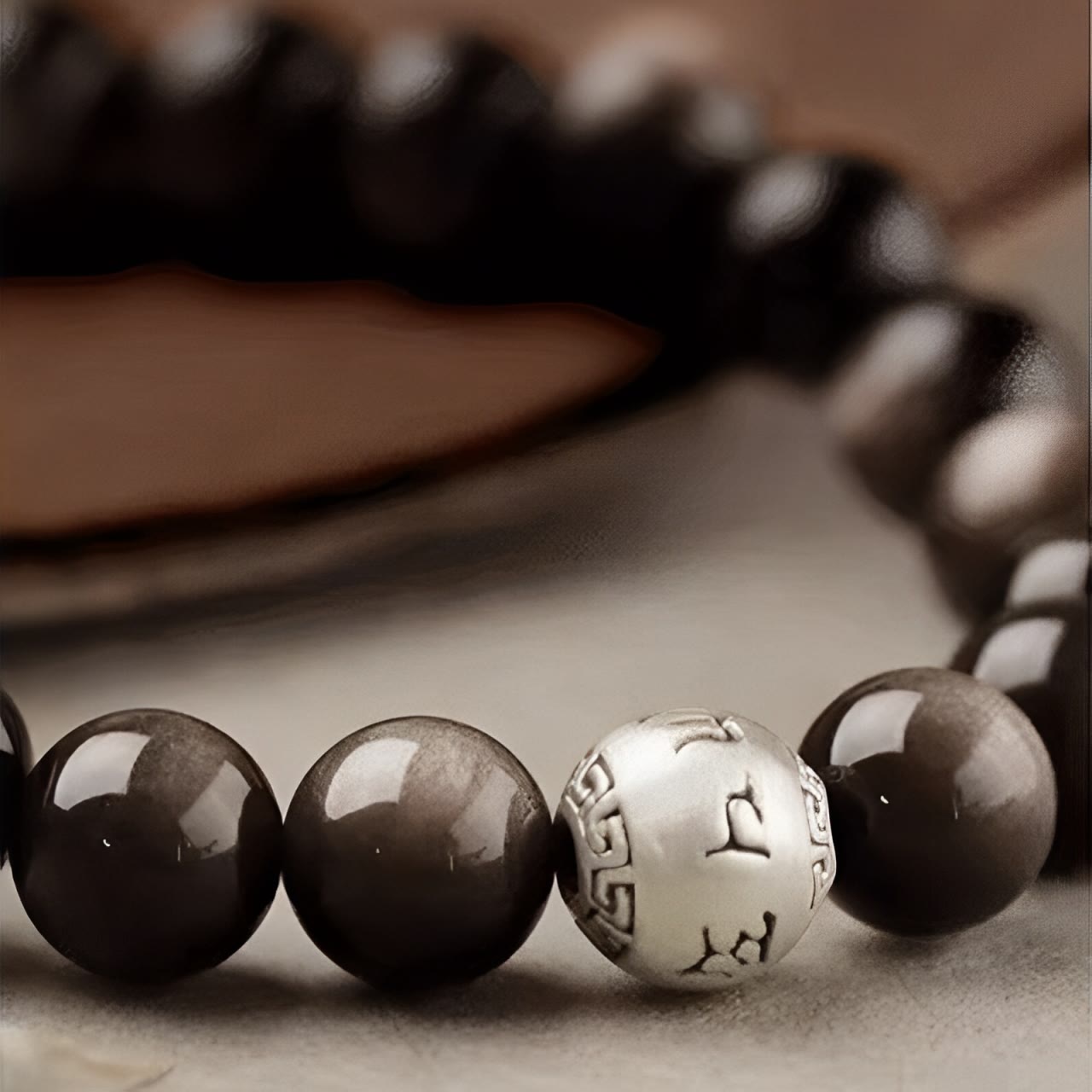 Fortune Jewel Natural Silver Sheen Obsidian Om Mani Padme Hum Protection Bracelet