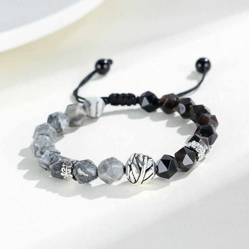 Fortune Jewel Natural Irregular Cut Obsidian Grey Jasper 925 Sterling Silver Rolled Leaf Bead Protection Bracelet