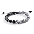 Fortune Jewel Natural Irregular Cut Obsidian Grey Jasper 925 Sterling Silver Rolled Leaf Bead Protection Bracelet