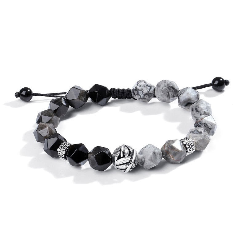 Fortune Jewel Natural Irregular Cut Obsidian Grey Jasper 925 Sterling Silver Rolled Leaf Bead Protection Bracelet