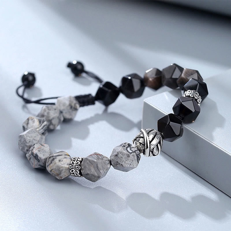 Fortune Jewel Natural Irregular Cut Obsidian Grey Jasper 925 Sterling Silver Rolled Leaf Bead Protection Bracelet