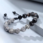 Fortune Jewel Natural Irregular Cut Obsidian Grey Jasper 925 Sterling Silver Rolled Leaf Bead Protection Bracelet