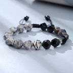 Fortune Jewel Natural Irregular Cut Obsidian Grey Jasper 925 Sterling Silver Rolled Leaf Bead Protection Bracelet