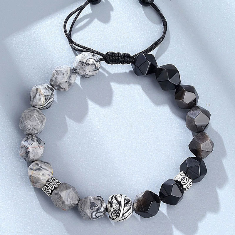 Fortune Jewel Natural Irregular Cut Obsidian Grey Jasper 925 Sterling Silver Rolled Leaf Bead Protection Bracelet