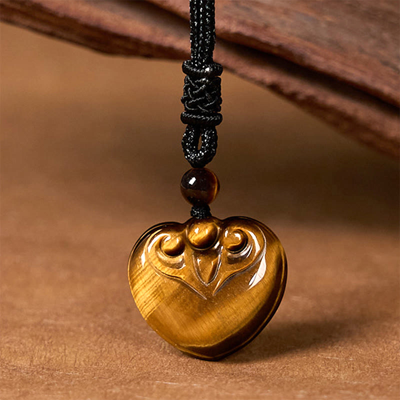 Fortune Jewel Natural Tiger Eye Love Heart Pattern Protection Rope Necklace Pendant