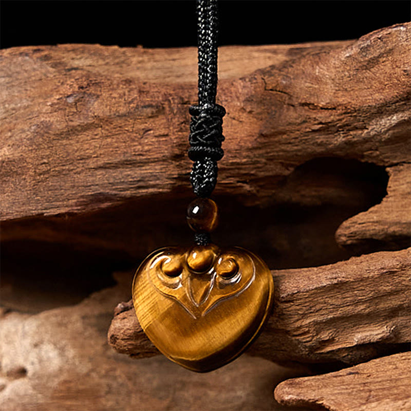 Fortune Jewel Natural Tiger Eye Love Heart Pattern Protection Rope Necklace Pendant