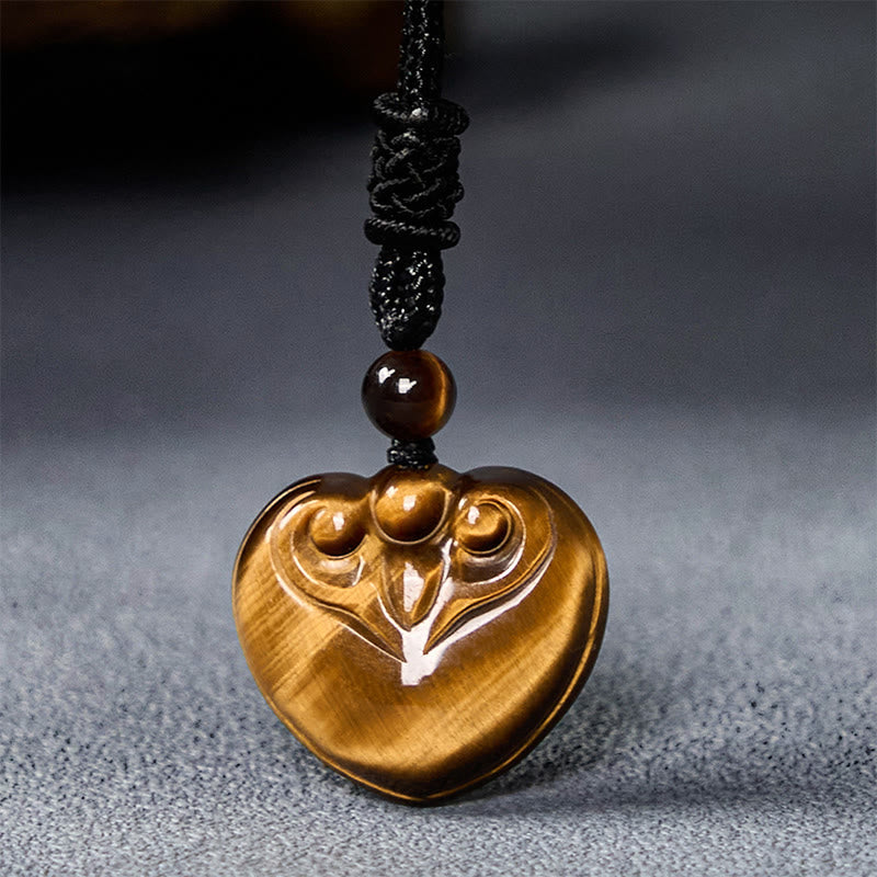 Fortune Jewel Natural Tiger Eye Love Heart Pattern Protection Rope Necklace Pendant