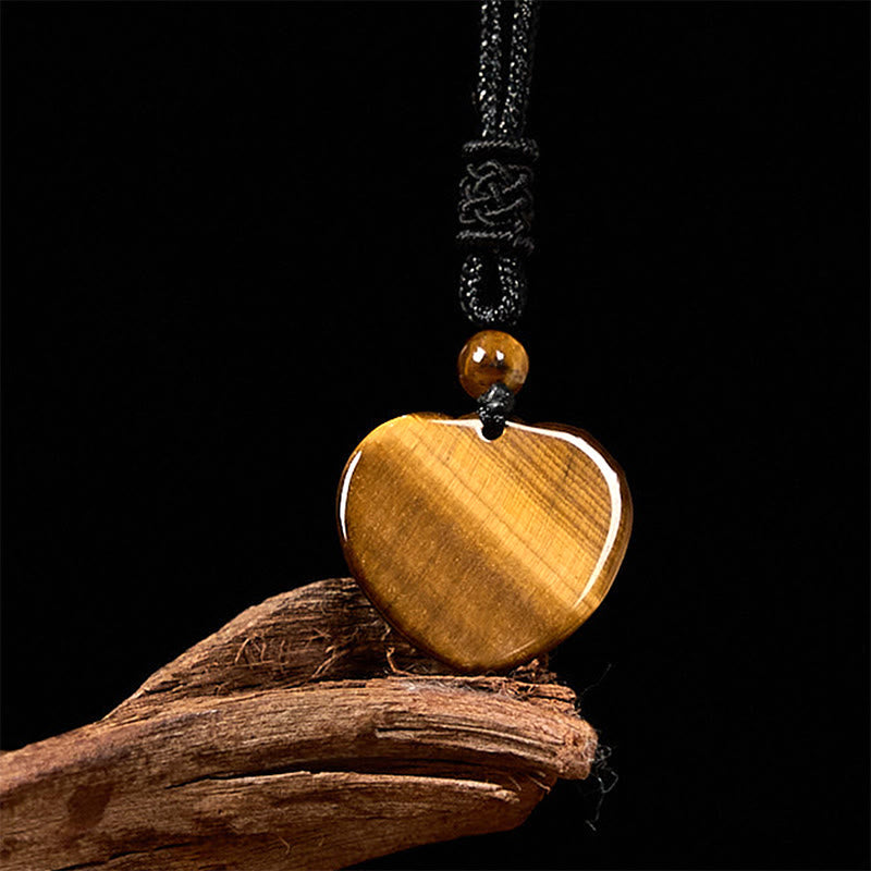 Fortune Jewel Natural Tiger Eye Love Heart Pattern Protection Rope Necklace Pendant