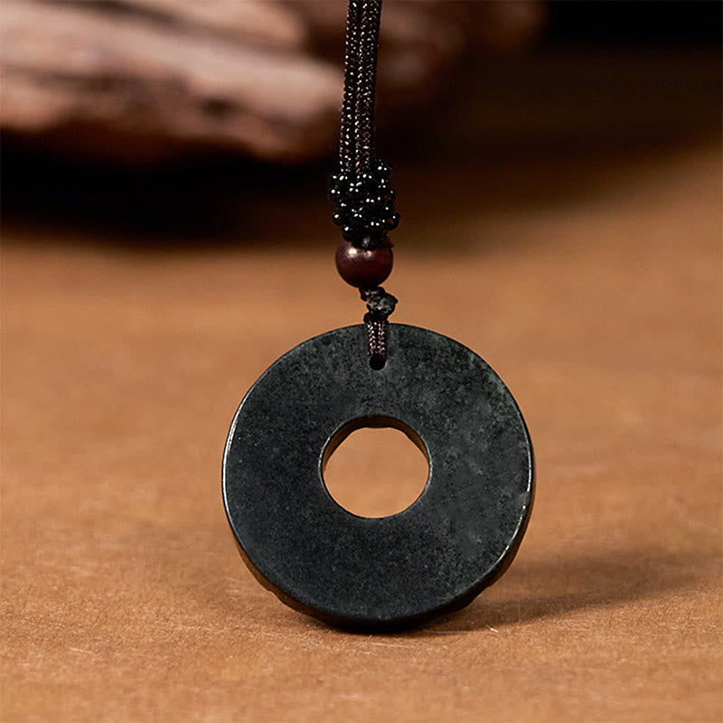 Fortune Jewel Tibetan Nanyang Black-Green Jade PiXiu Peace Buckle Protection Necklace Pendant