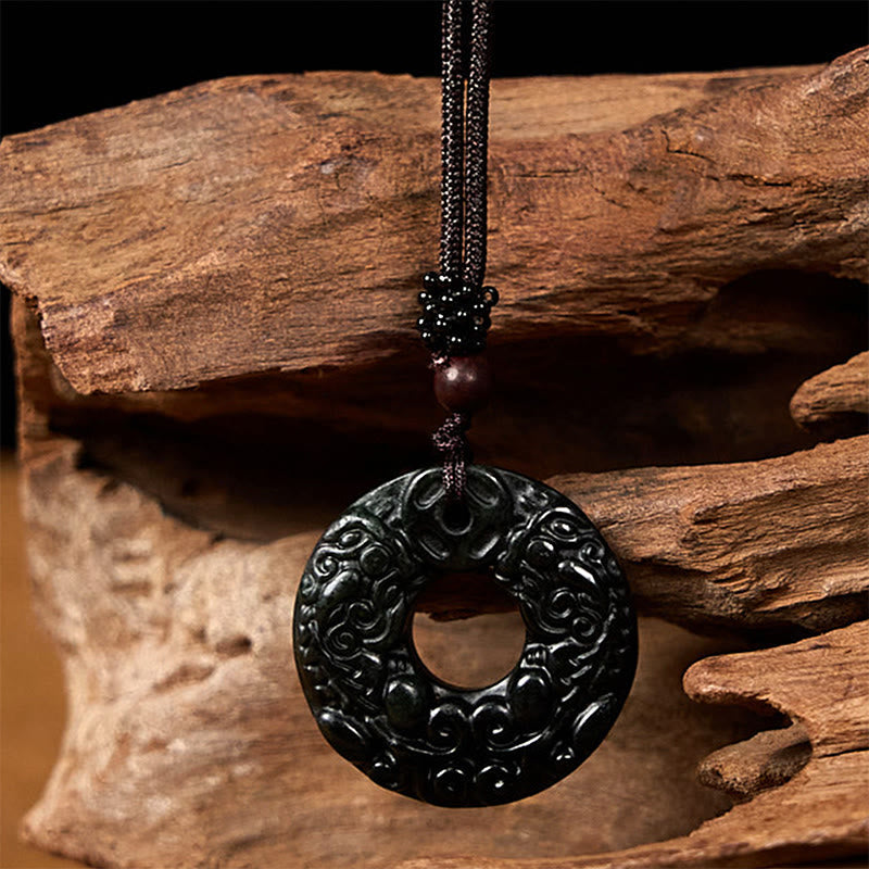 Fortune Jewel Tibetan Nanyang Black-Green Jade PiXiu Peace Buckle Protection Necklace Pendant