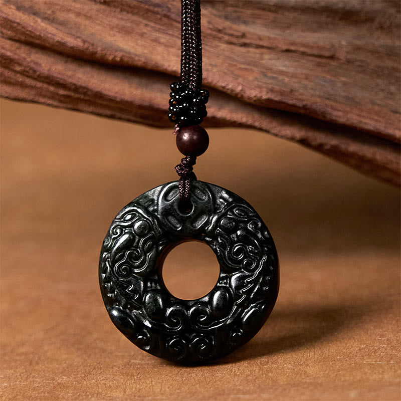 Fortune Jewel Tibetan Nanyang Black-Green Jade PiXiu Peace Buckle Protection Necklace Pendant