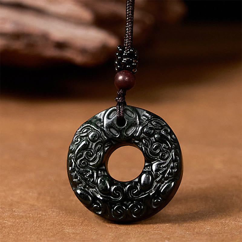 Fortune Jewel Tibetan Nanyang Black-Green Jade PiXiu Peace Buckle Protection Necklace Pendant