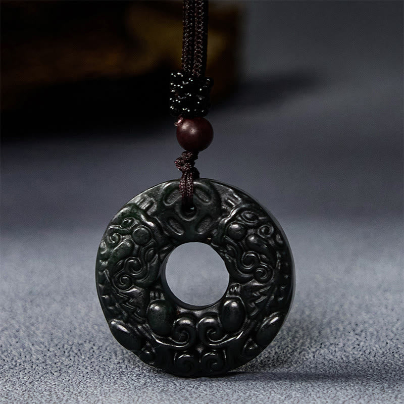 Fortune Jewel Tibetan Nanyang Black-Green Jade PiXiu Peace Buckle Protection Necklace Pendant